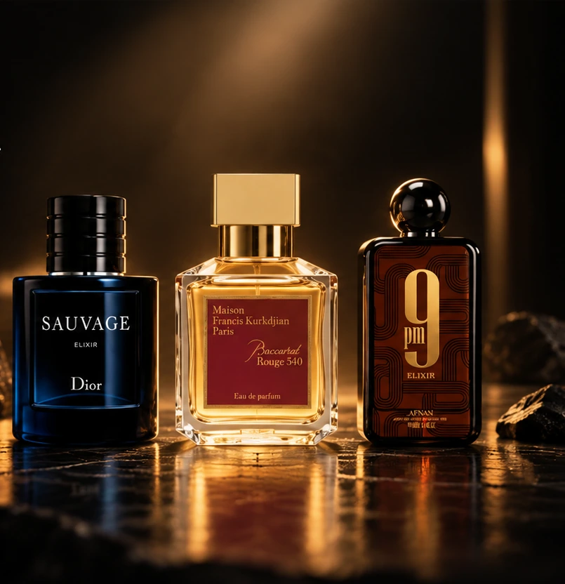 Tres fragancias seleccionadas sobre un fondo negro y dorado